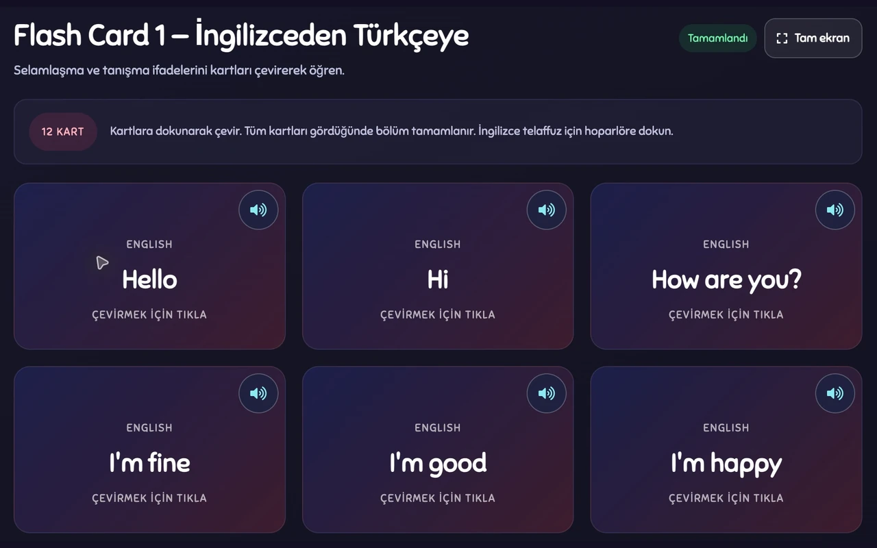 LangBang’in sesli kelime kartları: İngilizce ifadeleri dinleme ve kartları çevirme ekranı
