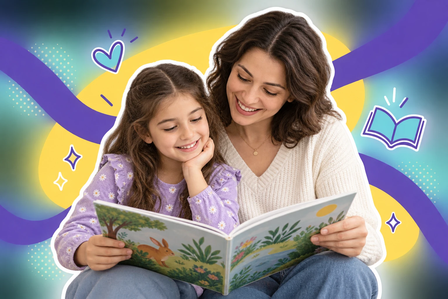 Birlikte resimli kitap inceleyen anne ve çocuk; renkli kolaj, yapay zekâ ile üretilmiş temsili görsel.