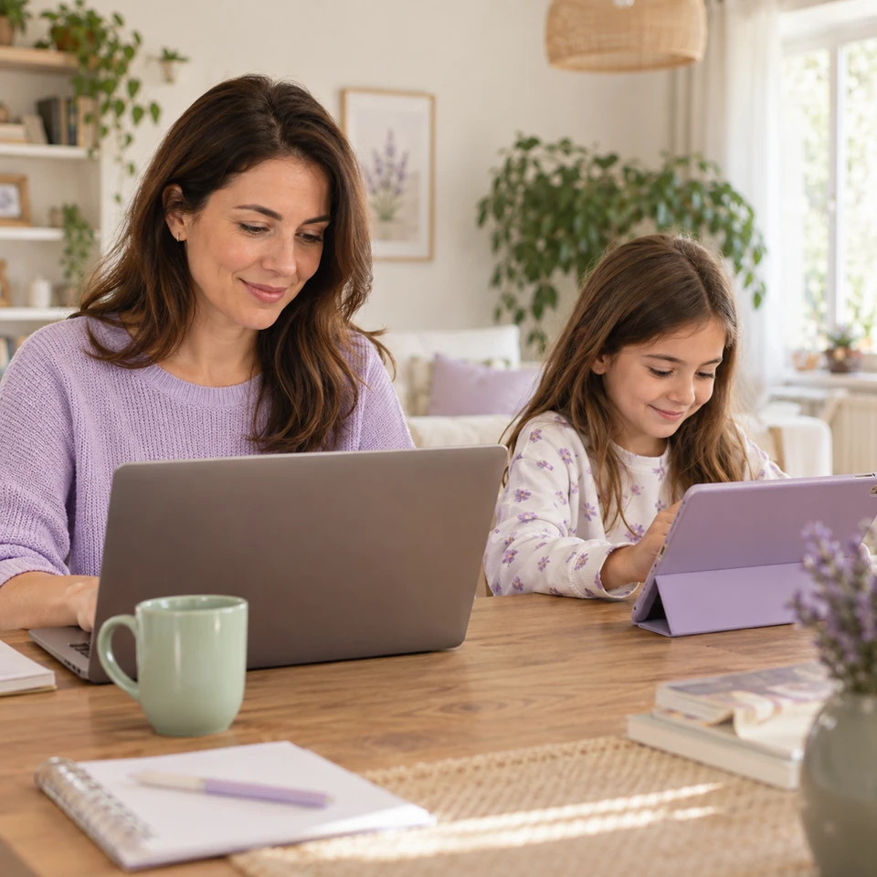 Ayrı bilgisayar ve tablet kullanan anne ve çocuk; yapay zekâ ile üretilmiş temsili fotoğraf