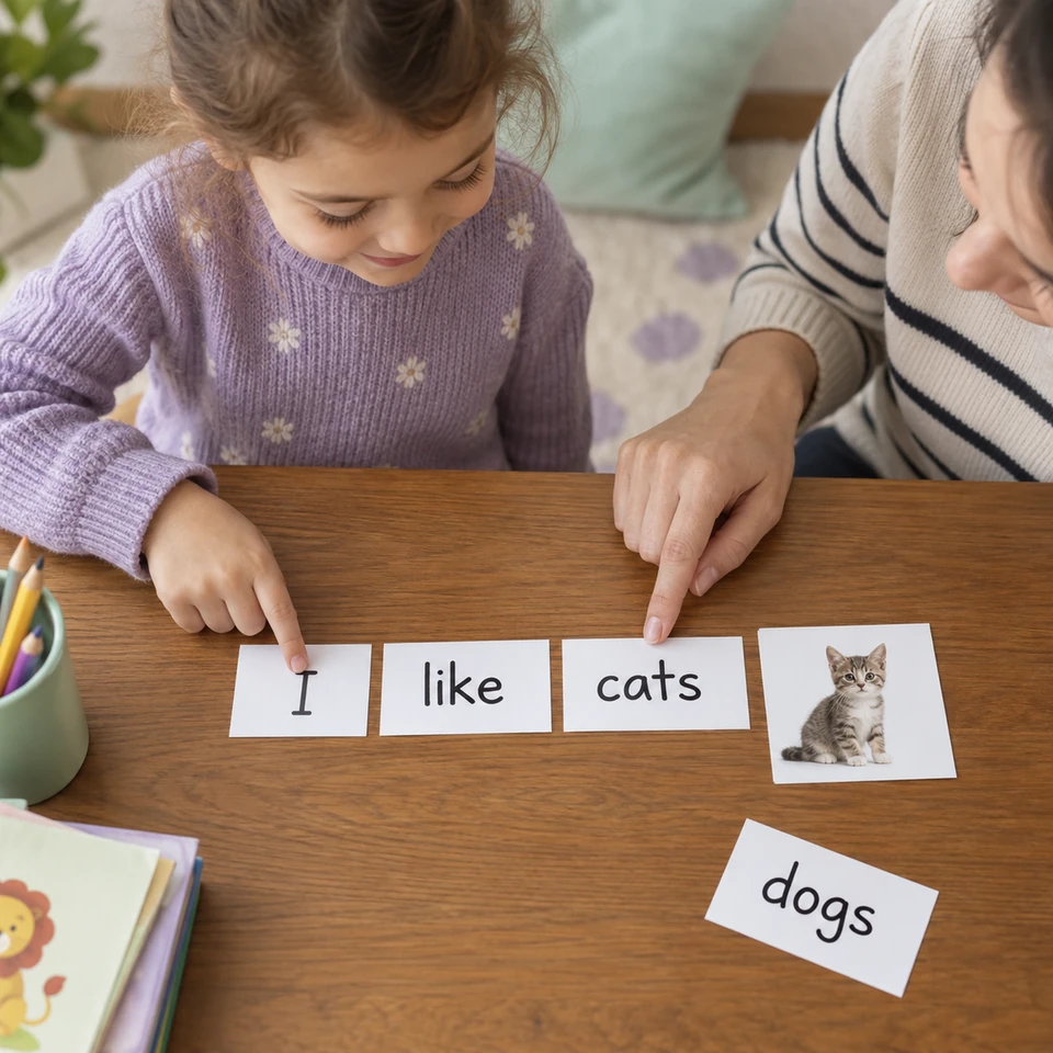 I, like ve cats kelime kartlarıyla cümle kuran çocuk ve ebeveyn; yapay zekâ ile üretilmiş temsili fotoğraf
